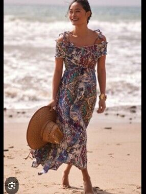 Anthropologie Medium Smocked Criss Cross Gauze Maxi Dress Bohemian Paisley